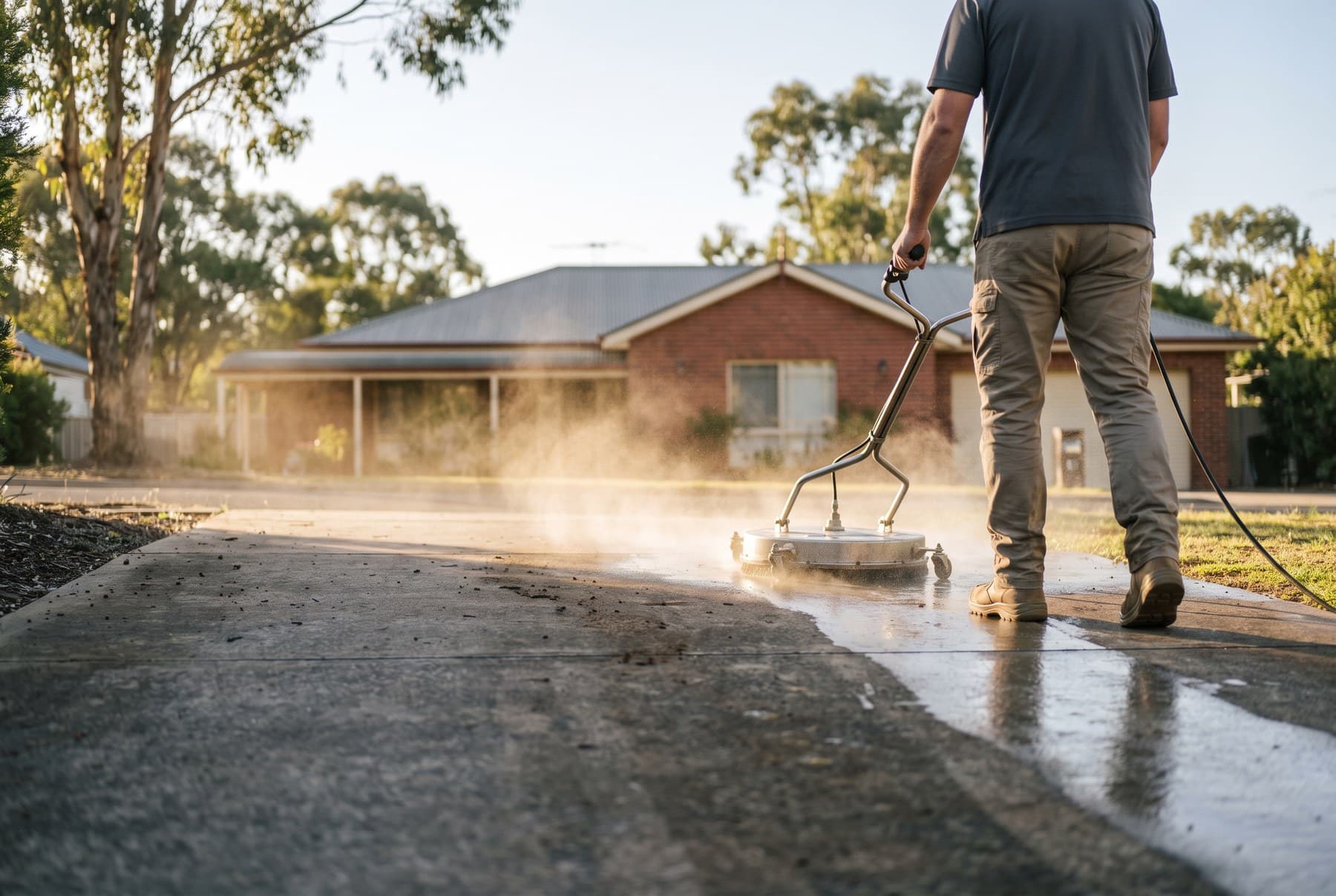 A pressure cleaner leaving a bright clean stripe across a stained driveway.