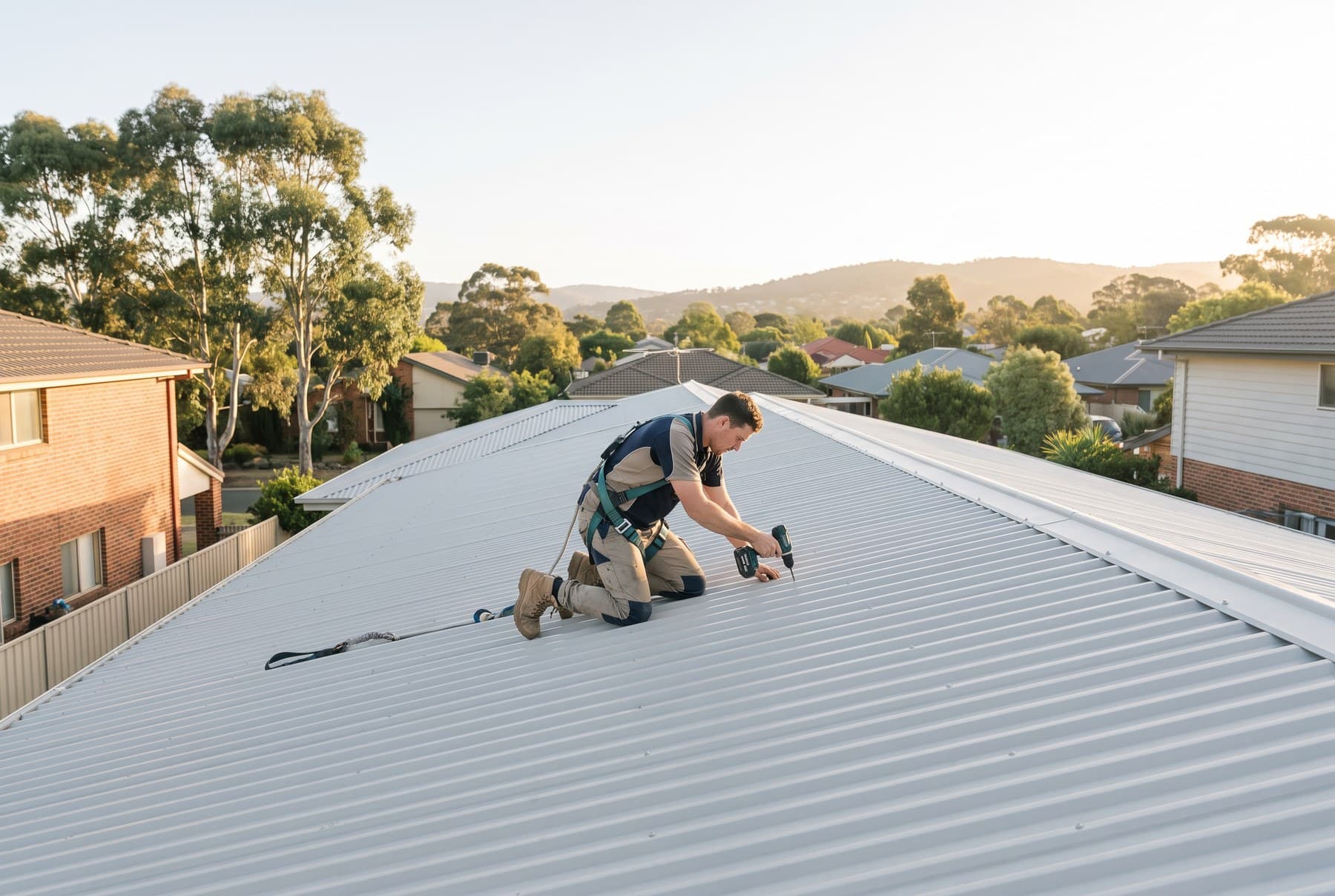 A roofer in a safety harness fixing a Colorbond roof at sunrise.
